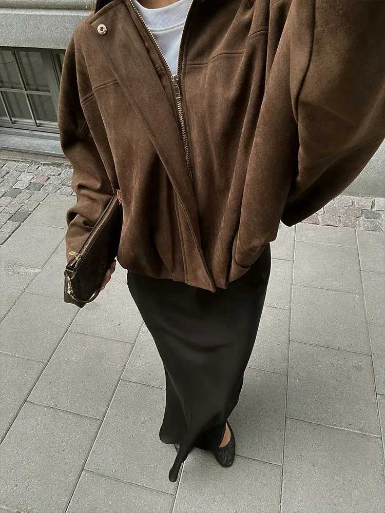 HH Autumn Women Loose Casual Suede Overcoat Jackets Vintage Solid Long Sleeve Zipper Bomber Jacket Fashion Lady Streetwear Coats Y251105