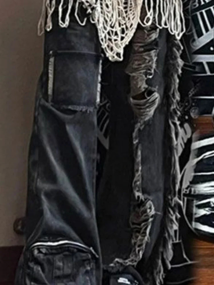 Vintage Grunge Jeans Woman Punk Hole Trousers Streetwear High Waist Wide Leg Y2k Aesthetic Baggy Denim Pants Pantalones Mujer 251017