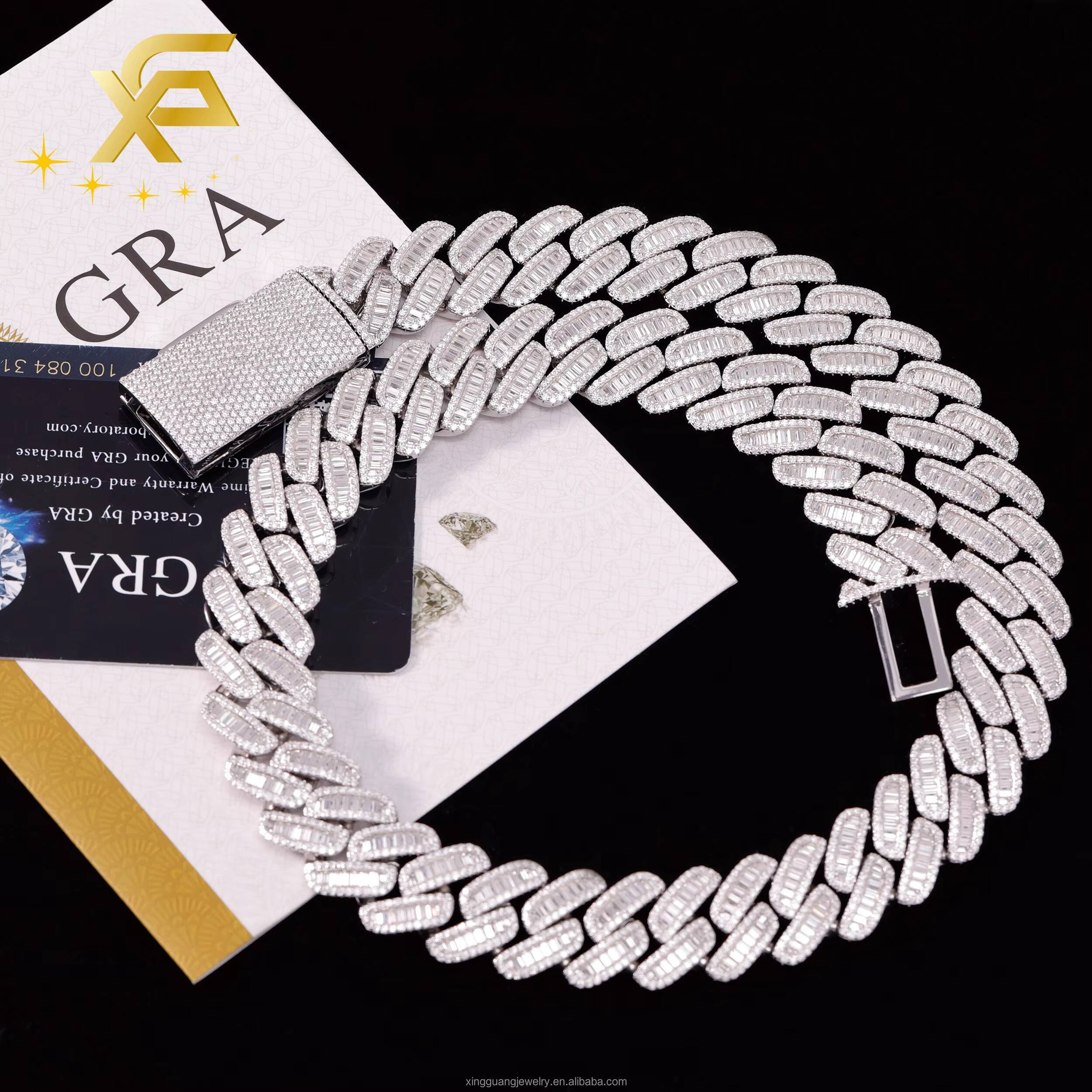 XG 925 Silver Baguette Diamond Ice Out Hip Hop Jewelry VVS Diamond 18mm Cuban Lidynamic Chain with GRA Certificate Fashion Necklaces
