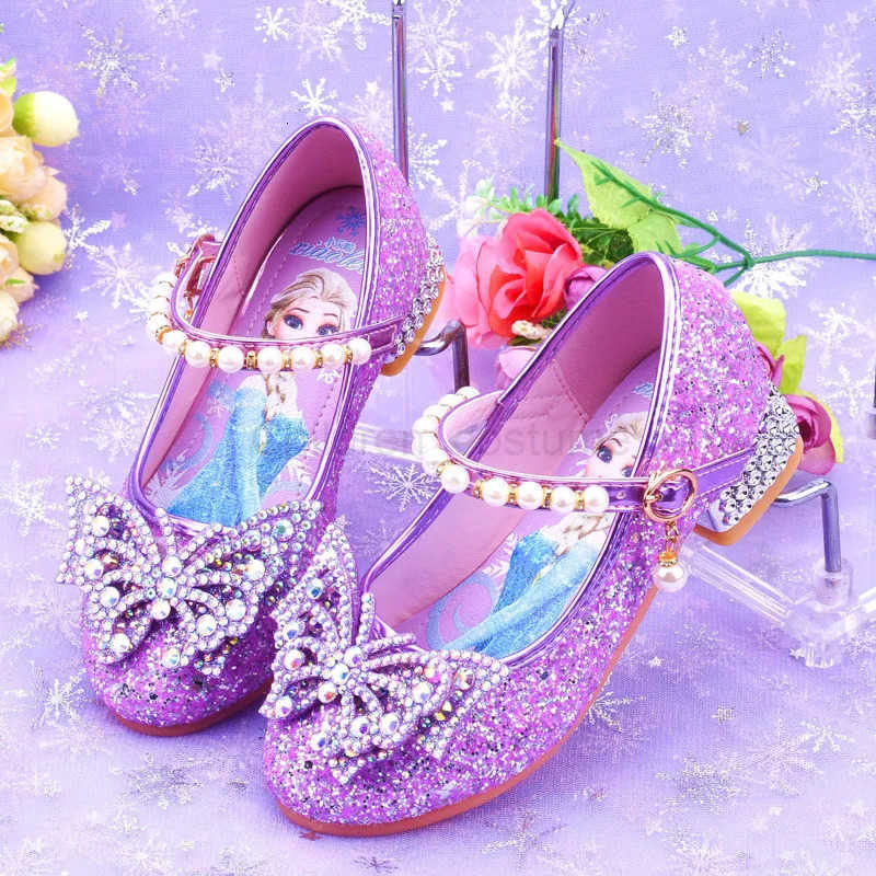 Disney Princess Kids Leather Shoes for Girls Flower Casual Glitter Children High Heel Girls Shoes Butterfly Knot Blue Pink Silver H251022