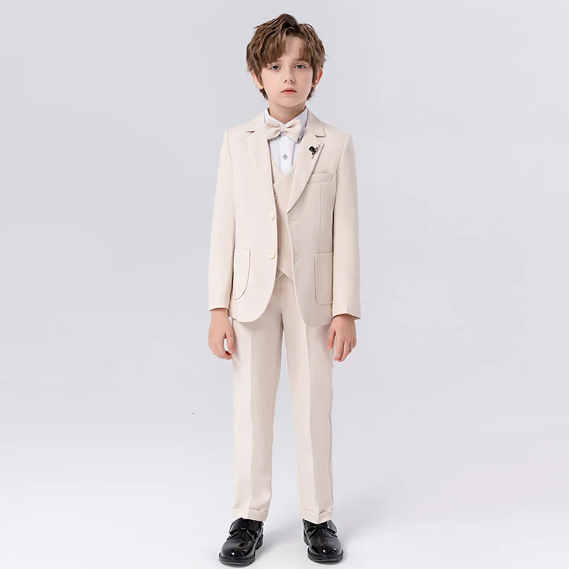 Children Formal Beige Suit Set Boy Blazer Pants Bowtie Clothes Kids Wedding Party Performance Catwalk Show Pogray Costume 251021