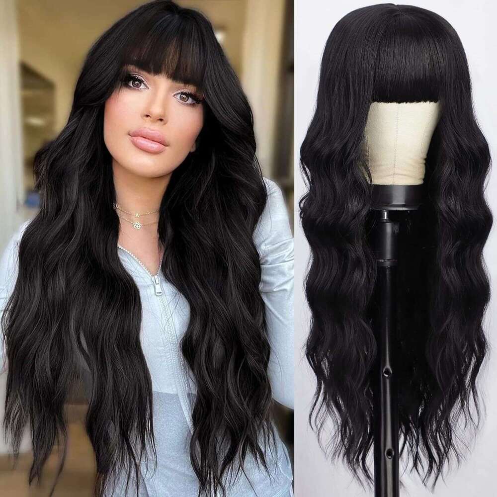 Temu Hot Selling For Women Black Gradient White Bangs Big Waves Long Curly Hair High Temperature Fiber Full Wig