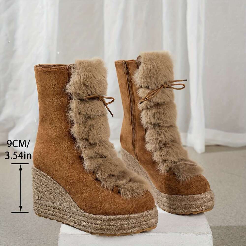1Pr Women's Fashion Linen Wedge Platform Boots With Faux Fur Trim, Casual Solid Color Zip-Up Pointed Toe Ankle Booties For All Seasons, TPR Sole 