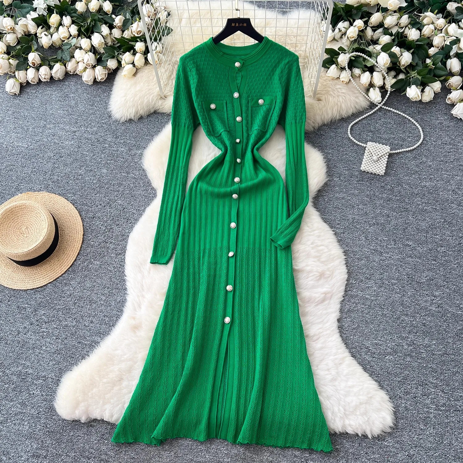 YuooMuoo Fashion Aesthetic Patchwork Knitted Maxi Dress Autumn Winter Women Shirt Sweater Dress Office Lady Vestido 251020
