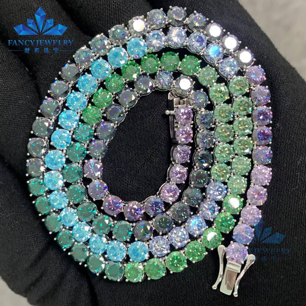 Colorful Moissanite Chain Red Green Blue Yellow Pink Diamond 5mm Gold Plated Chain 925 Silver Tennis Link Necklace for Man Women