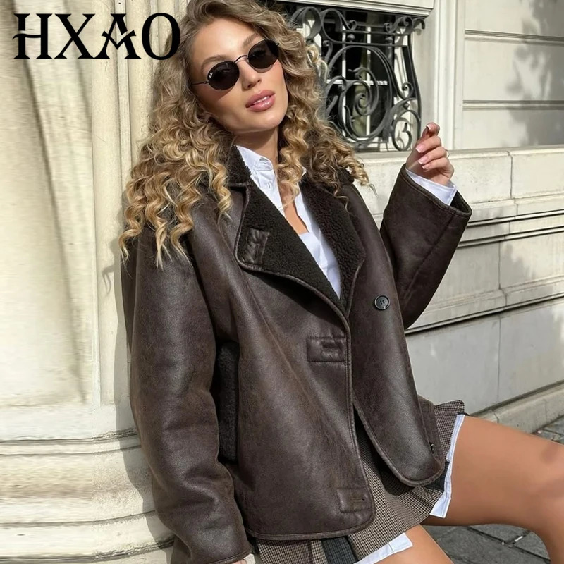 HXAO Womens Jackets Winter Coat Female Leather Faux Fur Button Crop Outerwears Windbreak Waterproof Brown Long Sleeve Tops 251021
