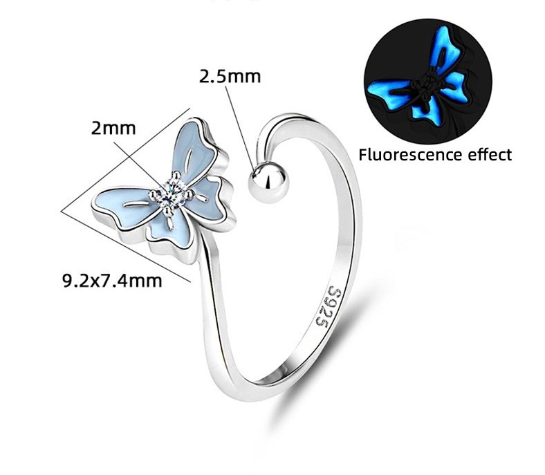 TaiYang NEW S925 Sterling Silver Enchanted Butterfly Ring, Ethereal Blue Fluorescent Floral Adjustable Open Band for Women