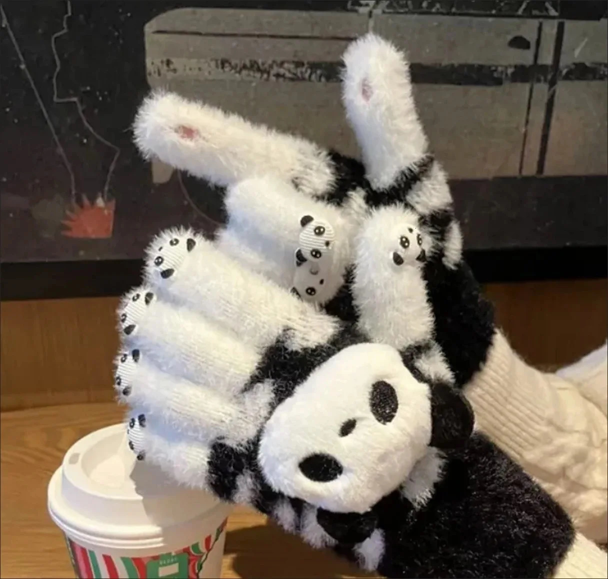 1 Pair Womens Winter Black White Y2K Kawaii Panda Knitted Gloves Open Toe Scratch Mobile Phone Texture Warm Lolita Gloves 251021