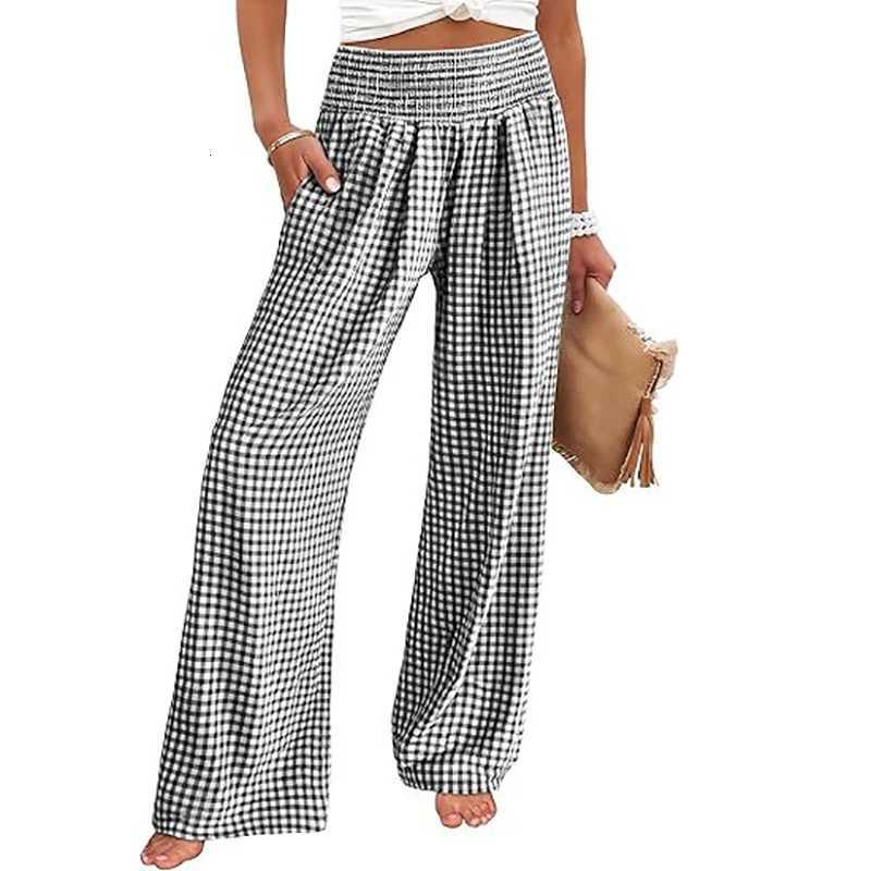 Elegant Retro Solid Baggy Pants Women Loose Elastic High Waist Pocket Plaid Printed Wide Leg Pants For Women Casual TrousersT251022