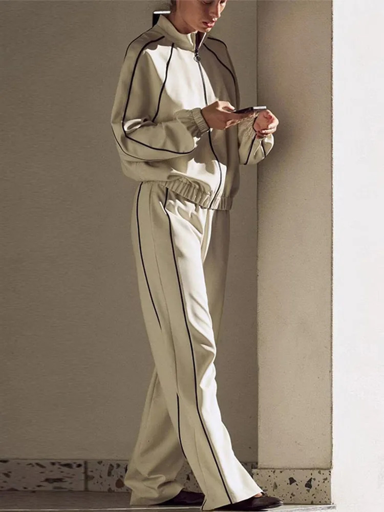 Casual Set Women Tracksuits Long Sleeve Lapel Fashion Zipper Hoodie Tie Elastic Waist Comfortable Striped Pants Sport Suit 251010