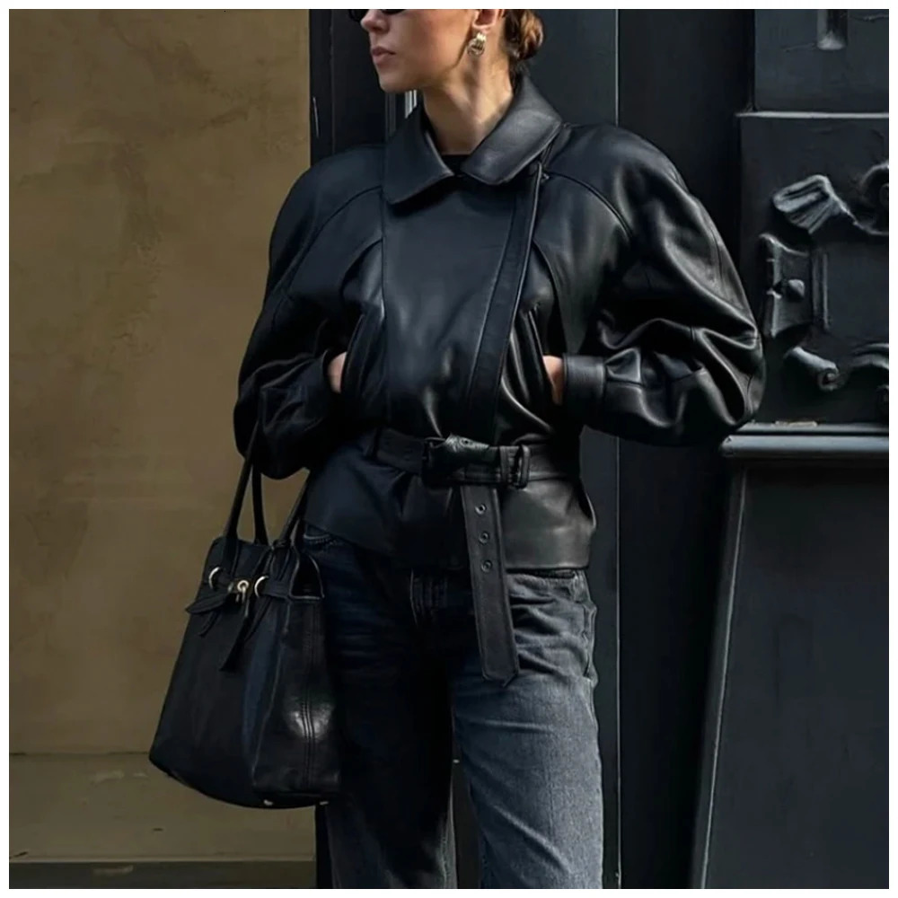 Womens black faux leather belt jacket with a collar trendy and fashionable autumn winter coat 251021