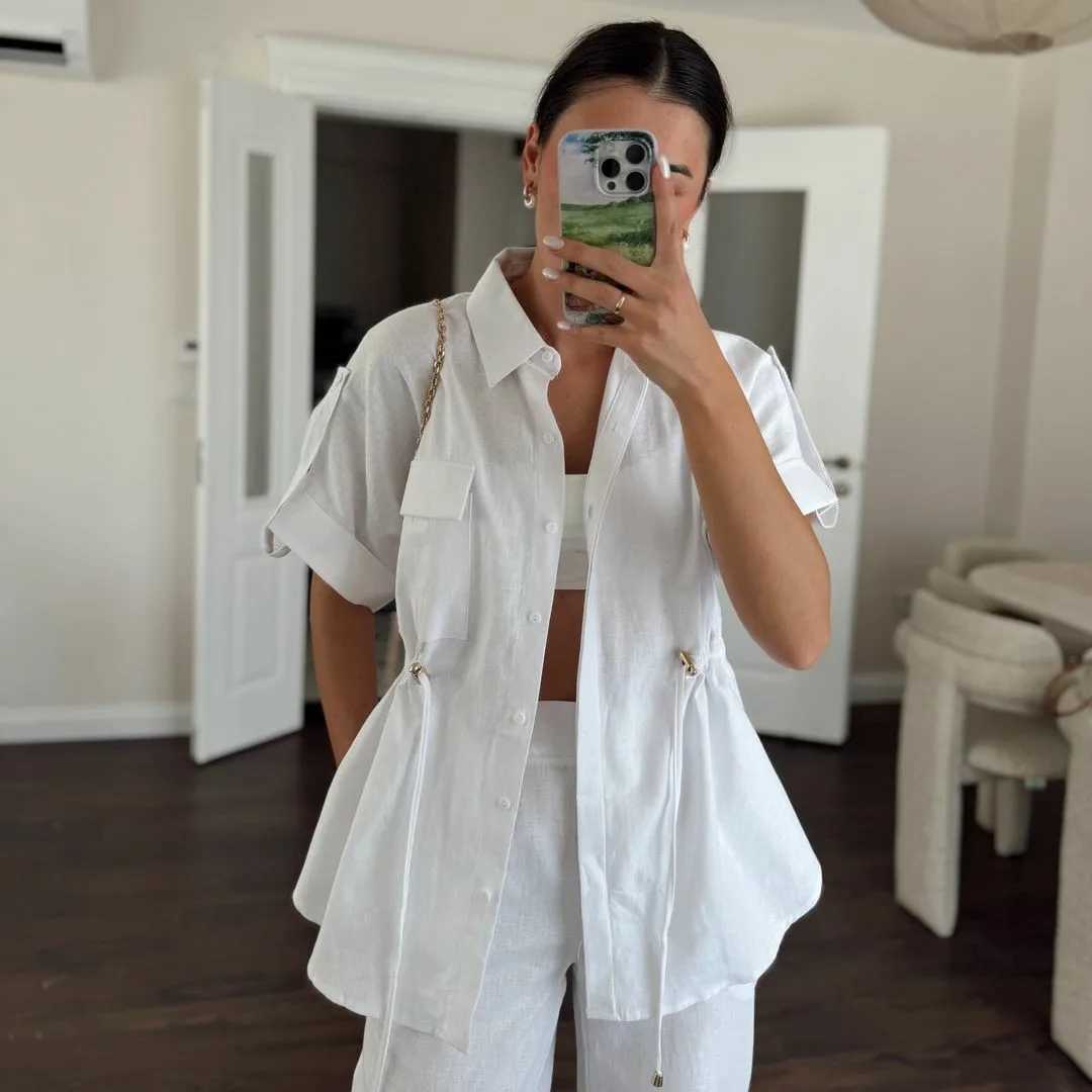 Fashion Solid Color Drawstring Button Shortsleeved Tops Work Pants Sets Women Summer Top Pocket Work Pants Sets For Women 2025T251022