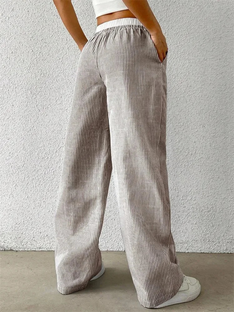 Casual Striped Woven Wide Leg Pants for Women Autumn Winter Casual Stylish Full Length Trousers Y2K Clothes Streetwear 251022