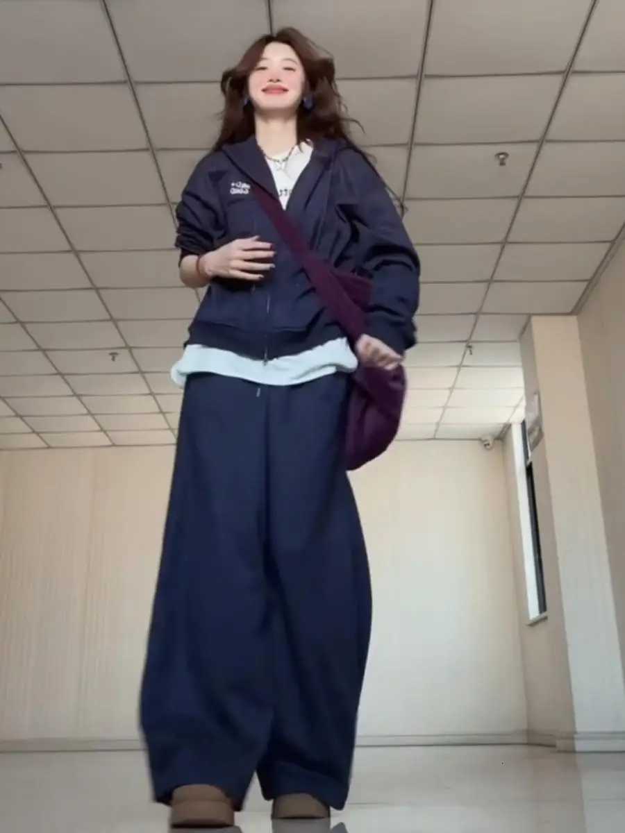 Tibetan Blue Womens Sportswear Set Korean Style Lazy Student Hooded Hoodie Sweatpants Loose Casual TwoPiece Spring OutfitT251022