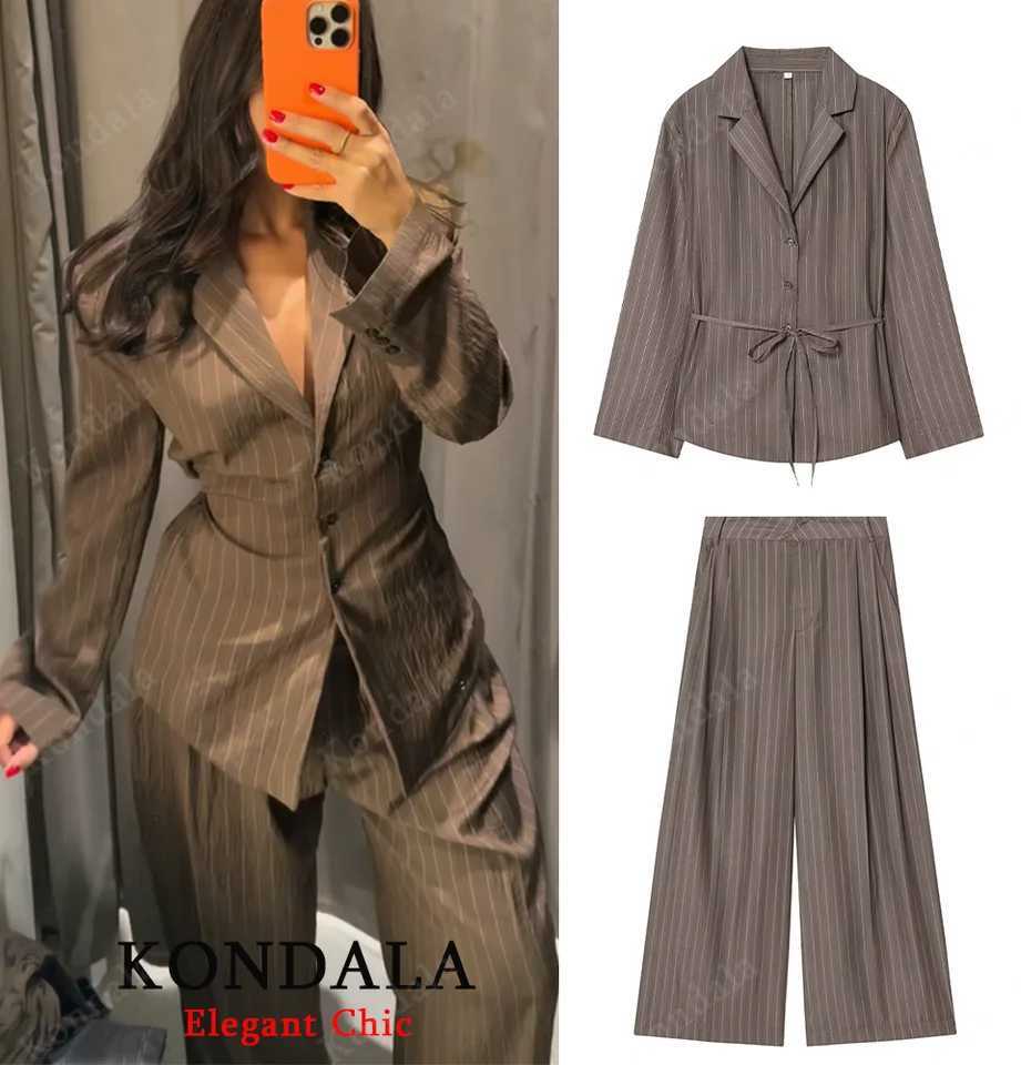 KONDALA Women Elegant Striped Blazer Suit Slim Button Blazer or Wideleg Pants 2025 Spring Fall Fashion Mujer Commute Pants SetT251022