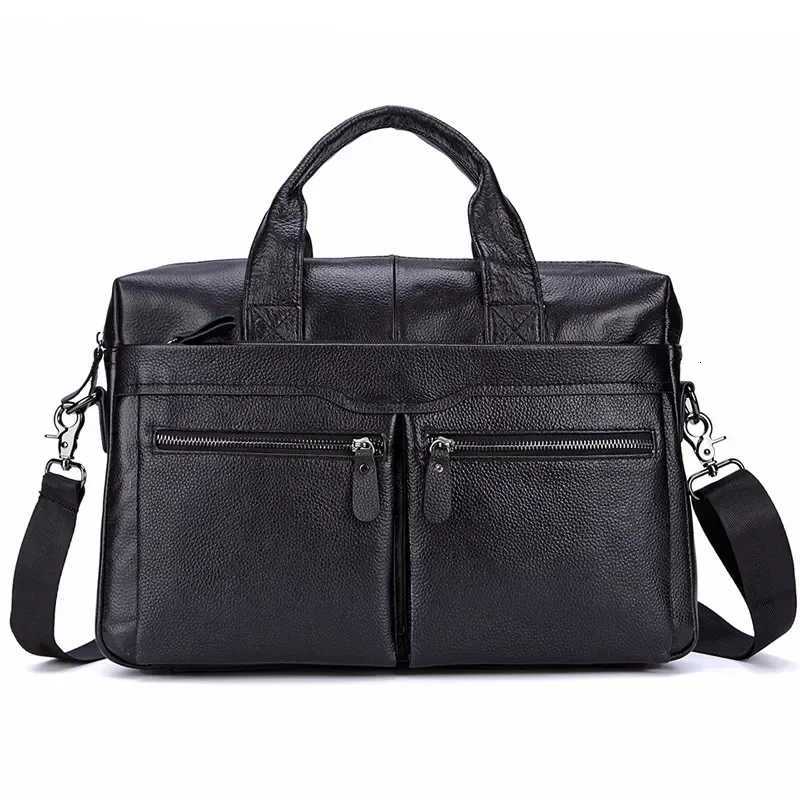Black Men Genuine Handbags Large Leather 14 Laptop Messenger Business Mens Travel Shoulder Bags Briefcase W251022