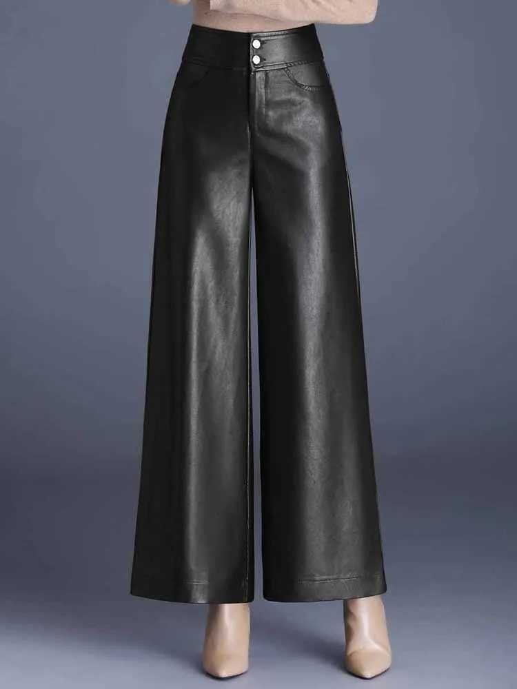ZUZK High Quality Women PU Leather Wed Leg Pants Autumn Winter Fashion Warm Long Leather Pants Elegant LeatherTrousersT251022