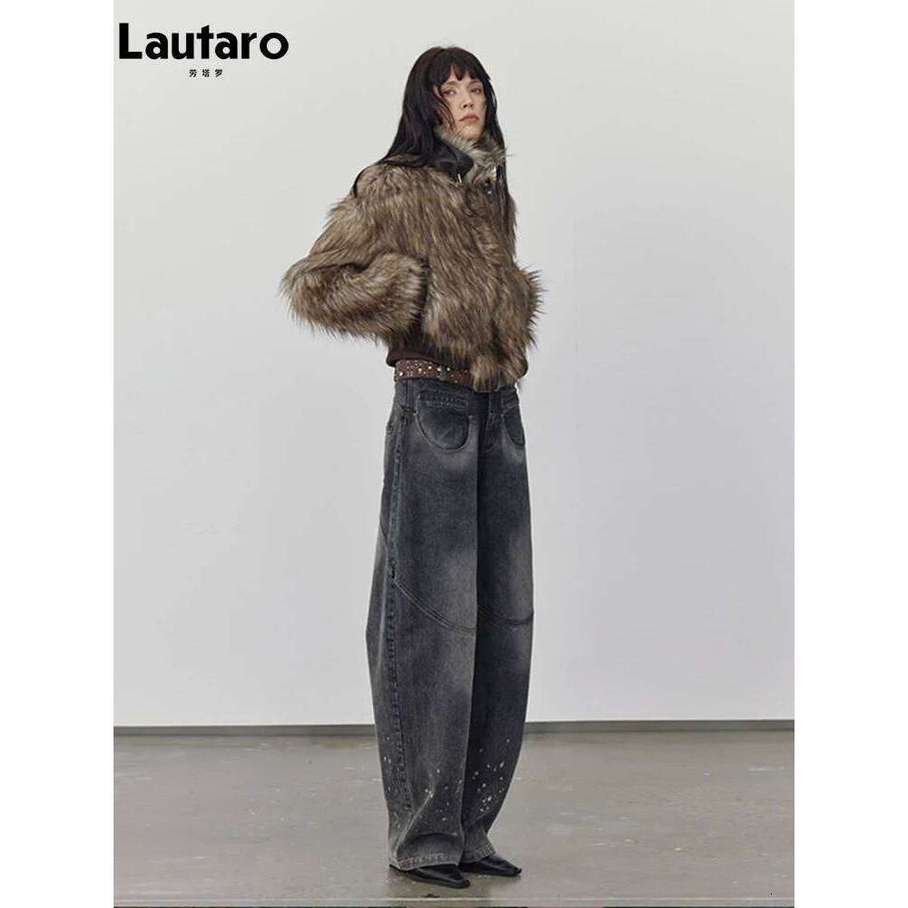 Lautaro Autumn Winter Short Warm Thick Hairy Shaggy Patchwork Faux Raccoon Dog Fur Coat Women Zipper Fluffy Jacket 2024