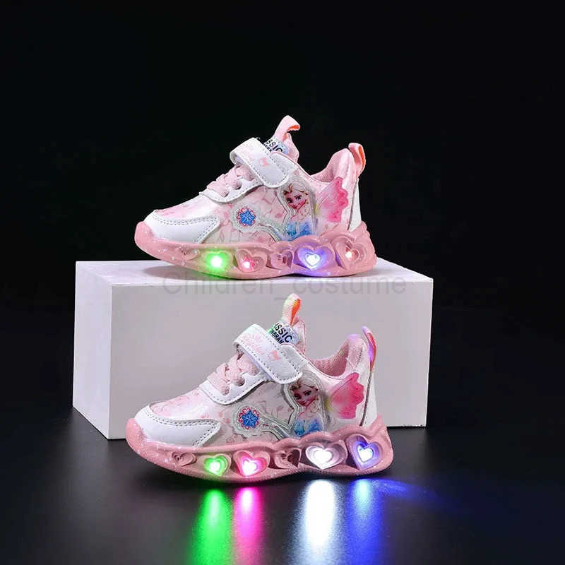 Disney 2025 Girls Lovely Cartoon Sneaker Children Fashion Lightweight Spring Mesh LED Luminous Sports Shoes Winter Warm Light UP Shoes H251022