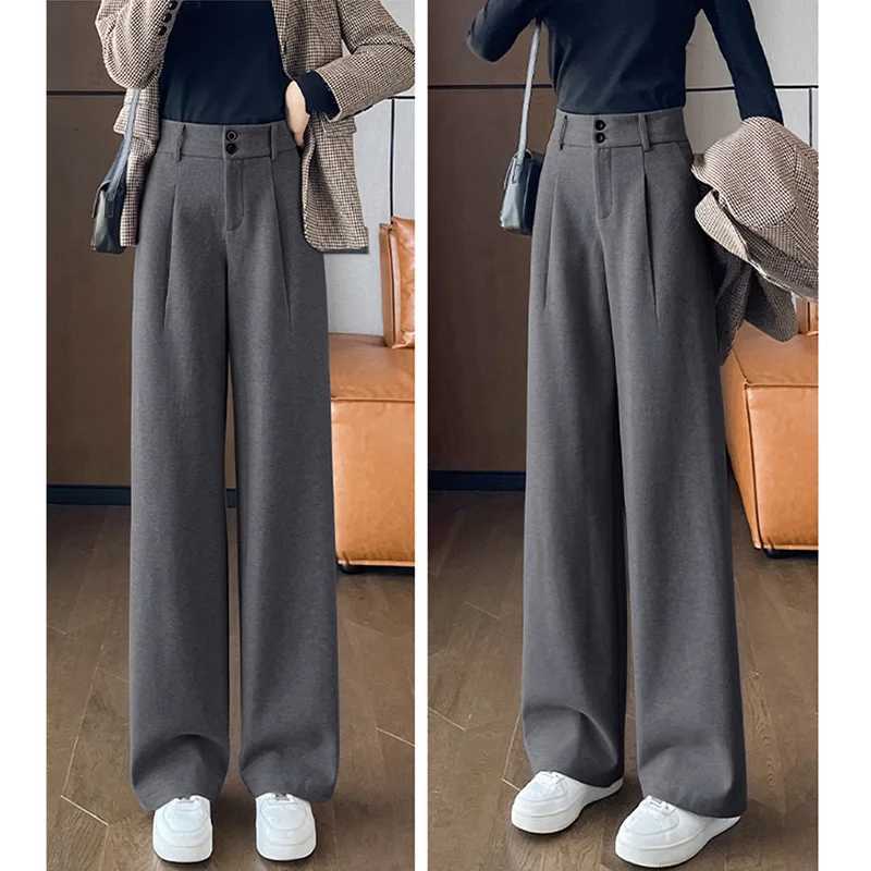 2024 Autumn Winter Women Concise Woolen Pants Lady Wide Leg Designer Outside Trousers Female Thicken High Waisted Draping PantsT251022