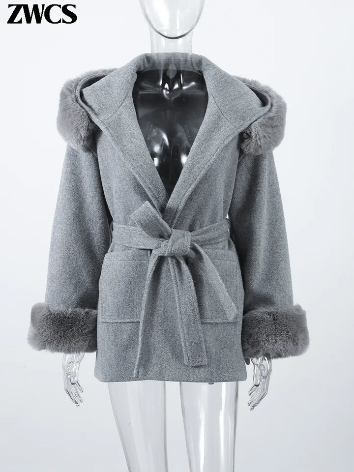 Hooded Fur Patchwork Laceup Woolen Coat Womens Street Lapel Pockets Full Sleeve Overcoats Winter Ladies Chic Outwear 251020