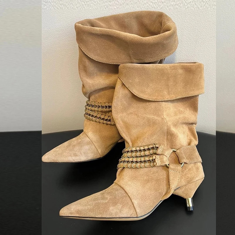 Liyke Fashion Chain Metal Buckle Mid Calf Boots Woman Vintage Pointed Toe Strange Low Thin Heel Autumn Winter Ladies Shoe 251020