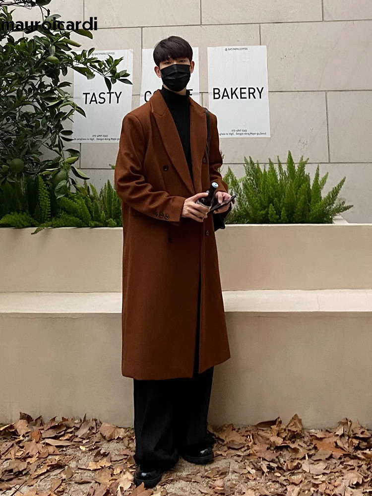 Mauroicardi Autumn Winter Long Warm Coffee Black Soft Woolen Coat Men Double Breasted Loose Casual Wool Blends Overcoat 2023 251017