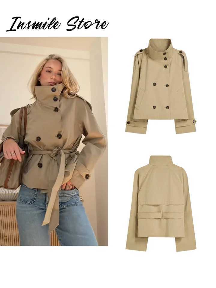 Fashion Belt Short Trench Coat Women Stand Collar Double Breasted Pocket Long Sleeve Coats 2025 Autumn Lady Commute Chic Outwear Y251105