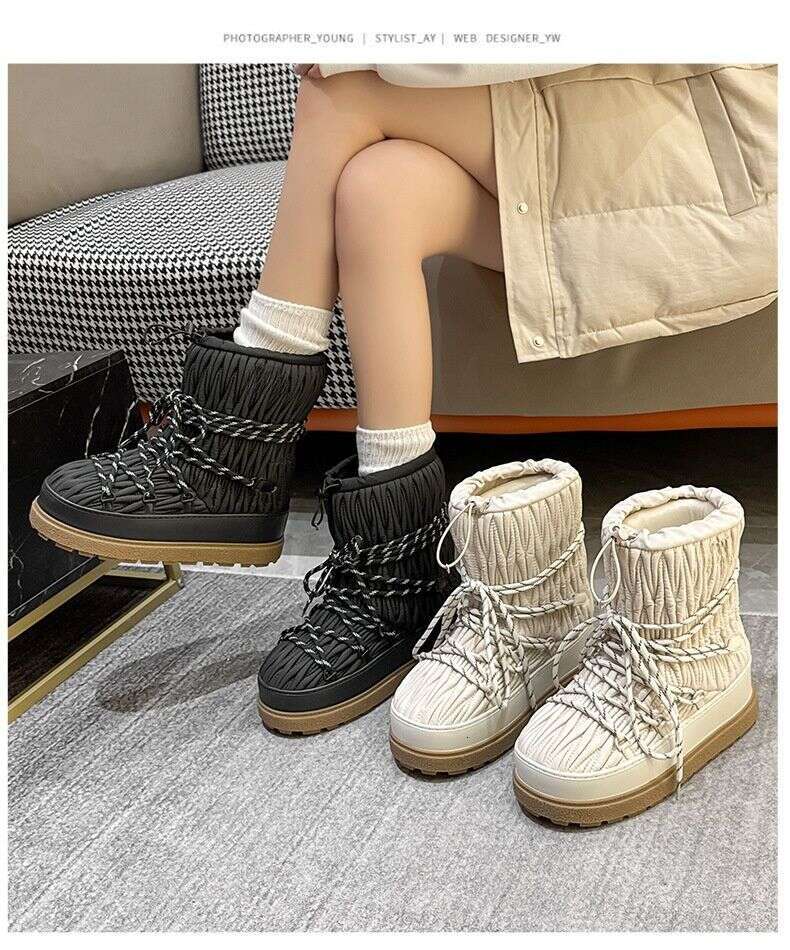 2025 New Style Wrinkled Nylon Lace-Up Thick-Soled Mid-Calf Ski Thickened Fleece-Lined Warm Snow Boots