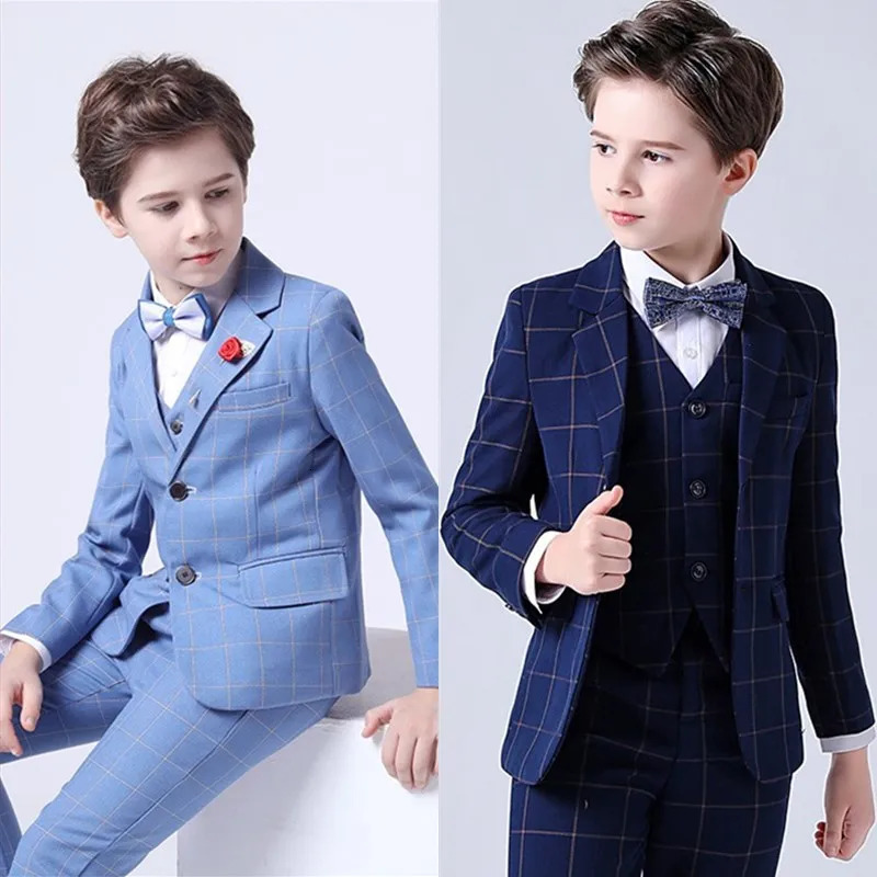 Spring Big Boys Top Quality Plaid Wedding Suit Teenager Kid Formal Tuxedo Bowtie Dress Children Blazer Party Performance Costume 251021