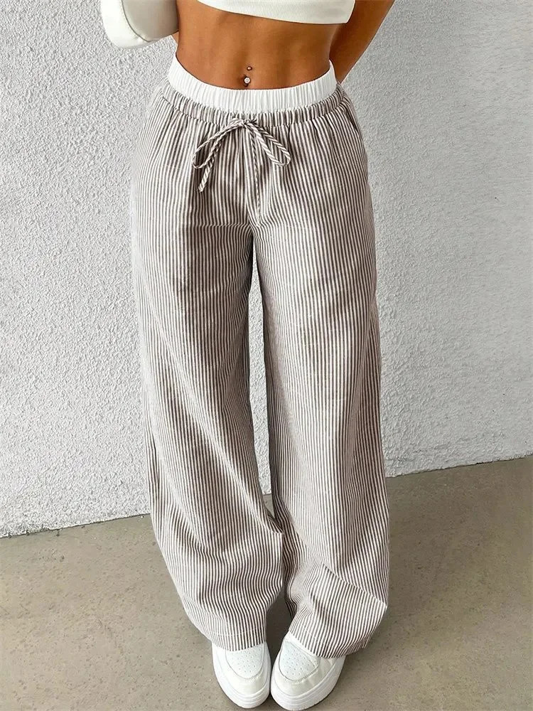 Casual Striped Woven Wide Leg Pants for Women Autumn Winter Casual Stylish Full Length Trousers Y2K Clothes Streetwear 251022