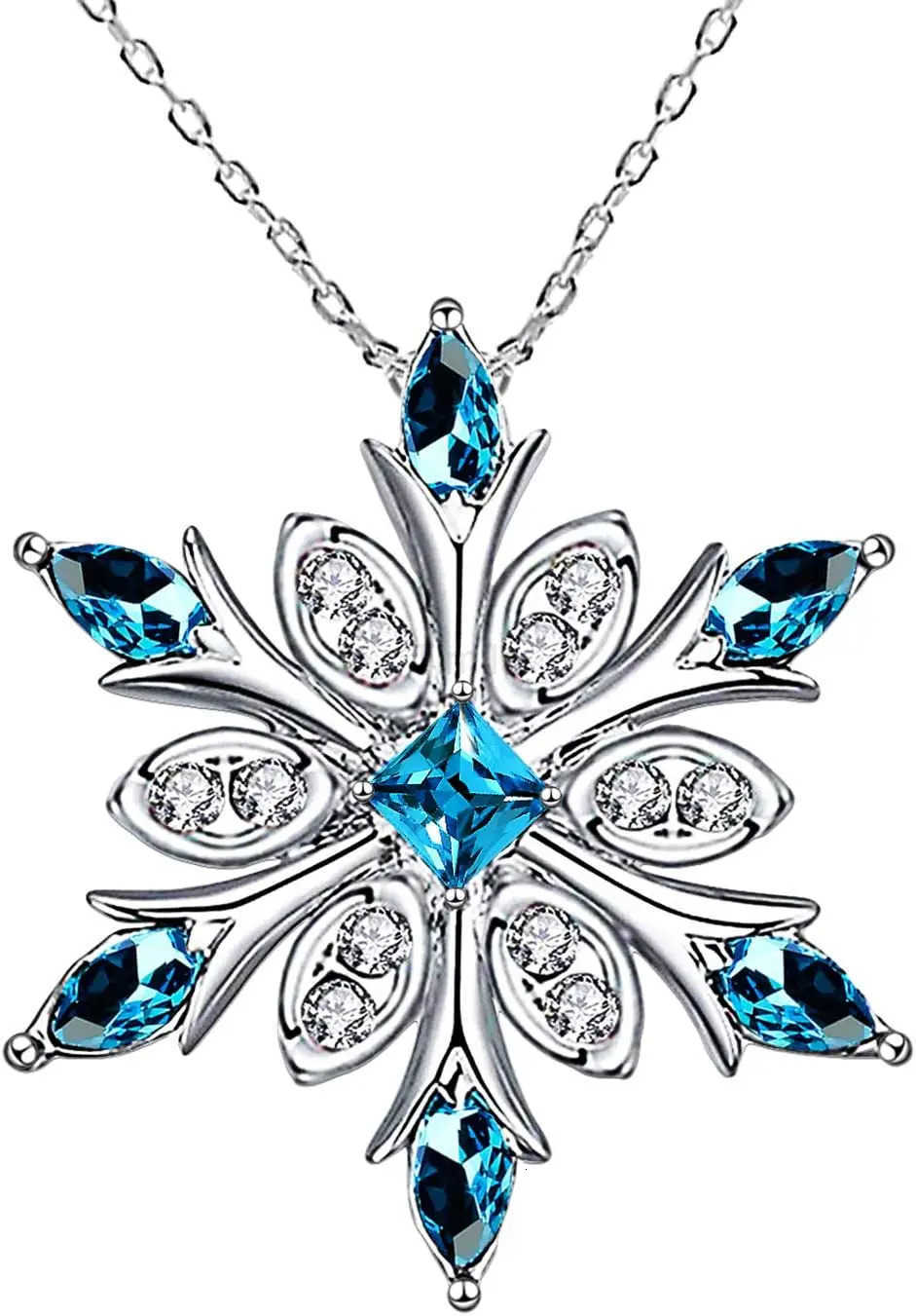 Womens Silver Plated Blue Crystals Snowflake Pendant Fashion Necklace Collarbone Chain For Christmas For Winter Jewelry U251022