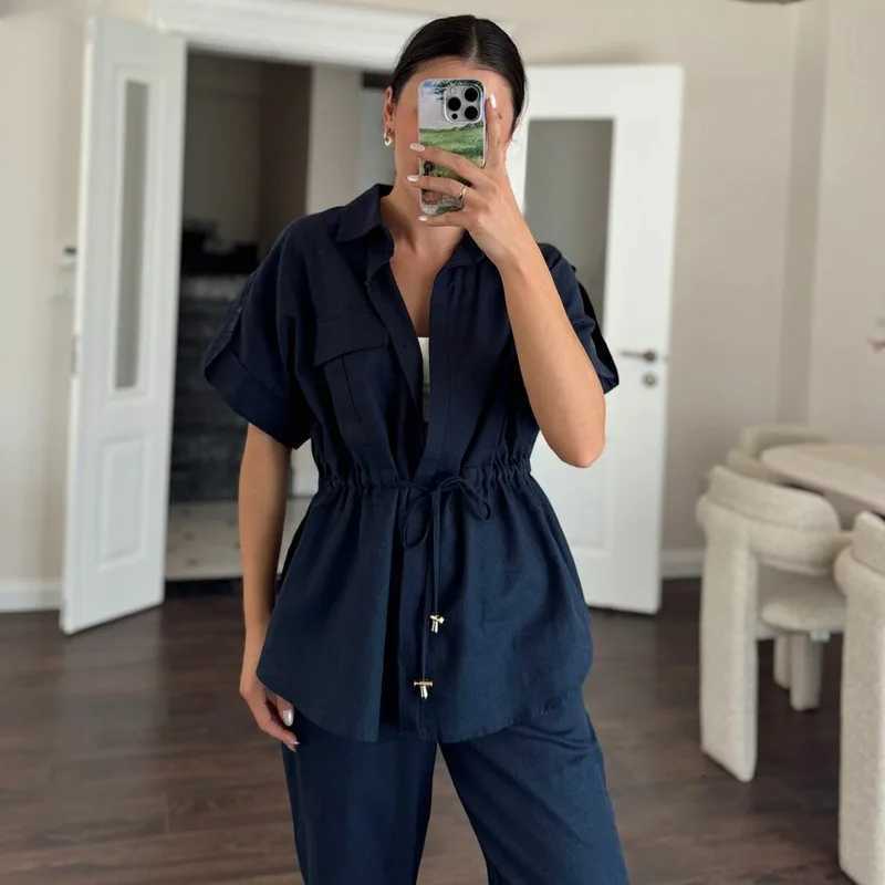 Fashion Solid Color Drawstring Button Shortsleeved Tops Work Pants Sets Women Summer Top Pocket Work Pants Sets For Women 2025T251022