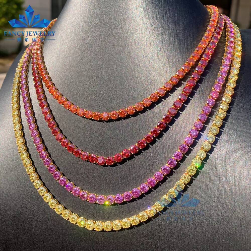 Colorful Moissanite Chain Red Green Blue Yellow Pink Diamond 5mm Gold Plated Chain 925 Silver Tennis Link Necklace for Man Women