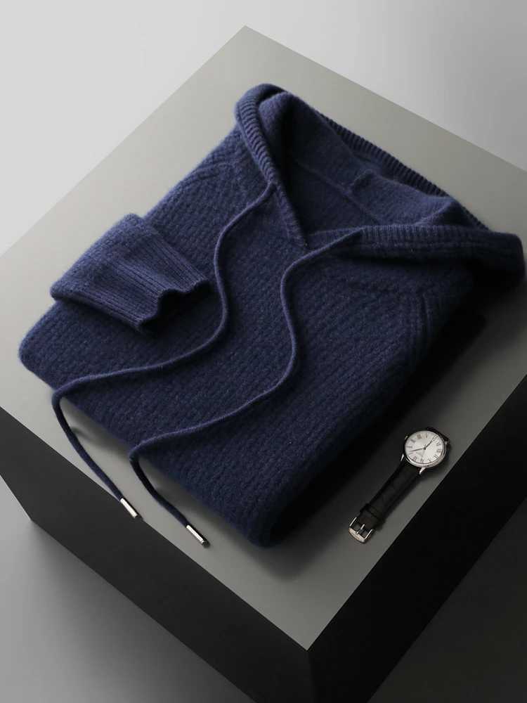 New Basic Mens Sweater Hooded Pullover 100 Cashmere Clothes Autumn Winter Sweater Thick Warm Waffle Texture Casual Knitted TopXJ251022