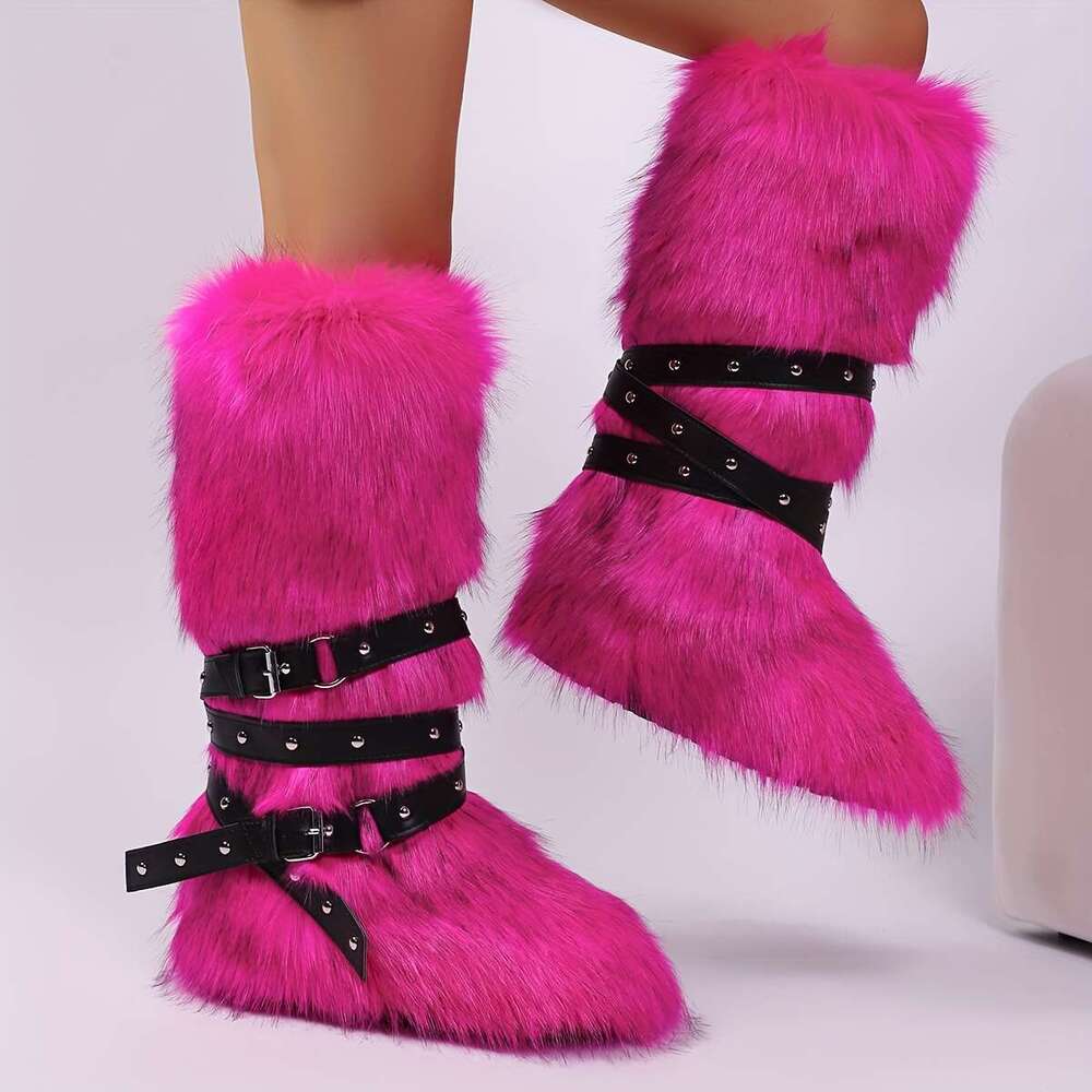 Women's Faux Fur Knee-High Buckle Stud Decorations Punk Style Plush Lining, Round Toe Flat Sole, Soft Microfiber Upper Rubber Outsole Cozy Indoor