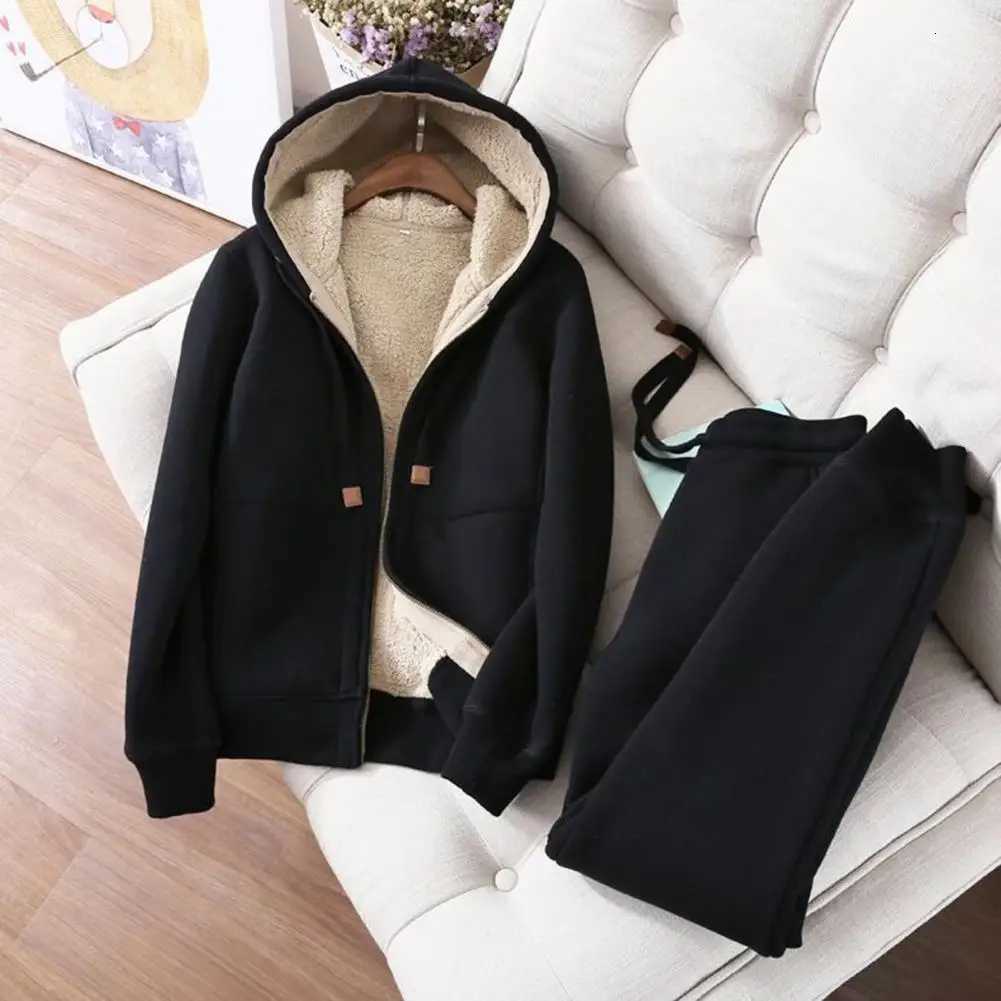 Womens Sweatshirt Pants Suit Autumn and Winter Warm Longsleeved Fleece Thick Hoodie Coat Jogger Pants Sportswear Twopiece SetT251022