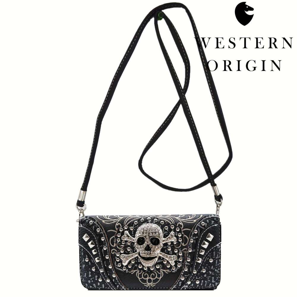 Punk Gothic Rock Metallic Day Of The Dead Floral Sugar Skull Faux Leather Purse Women Handbag Shoulder Bag Wallet Set