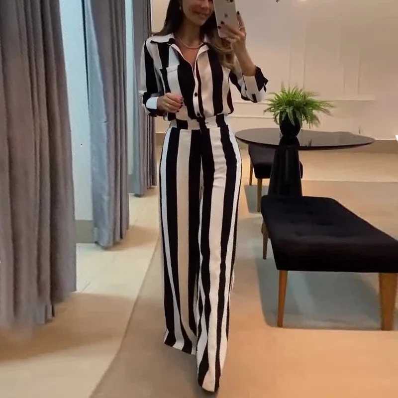 Women Two Pieces Set Striped Long Sleeve Turn Down Collar Shirts Button Wide Leg Pants Suits Regular Elegant Office Lady 2025T251022