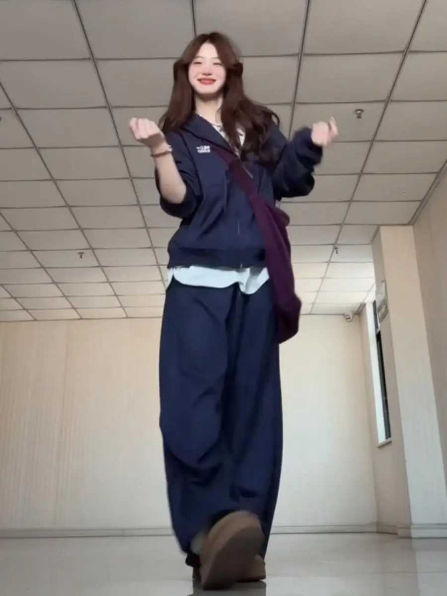 Tibetan Blue Womens Sportswear Set Korean Style Lazy Student Hooded Hoodie Sweatpants Loose Casual TwoPiece Spring OutfitT251022