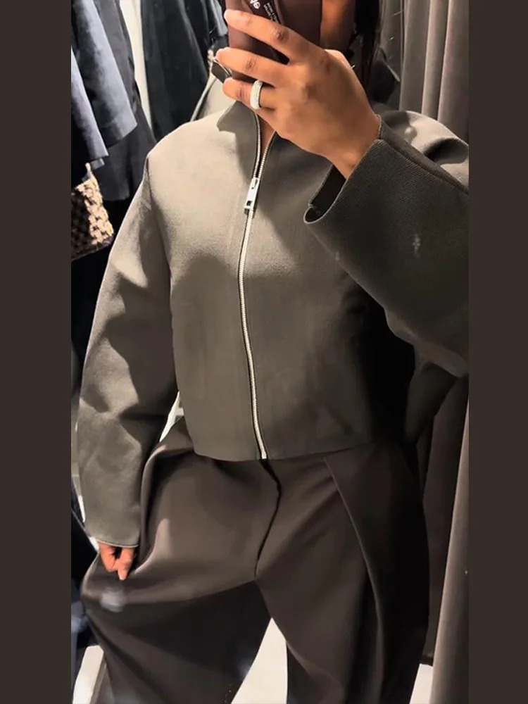 Olive Green Womens Short Coat High Neck Full Sleeve Zipper Up Oversized Cropped Jacket Autumn Female Daily Casual Outwear 251106