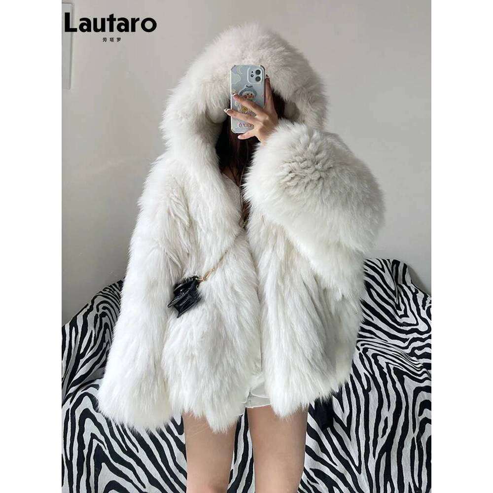 Lautaro Winter Shaggy Hairy Thick Warm Soft Colored Faux Fur Jacket Women with Hood Bat Sleeved Loose Casual Designer Clothes