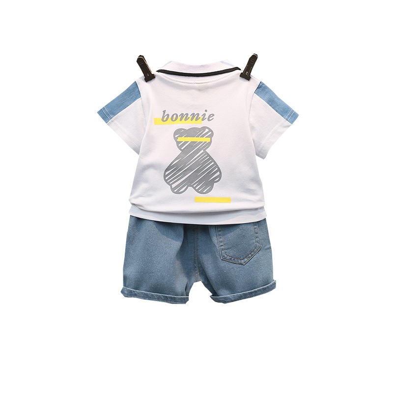 Free Shipping Boys 2-Piece Summer Set - Short Sleeve Polo Shirt and Denim Shorts, Korean Style Cartoon Print Collar Outfit