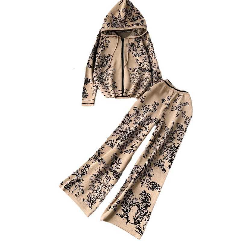 Women Pant Set Two Piece Sets Hooded Full Sleeve Zipper Tops Wide Leg Long Pants High Waist Y2k Streetwear Elegant WorkT251022