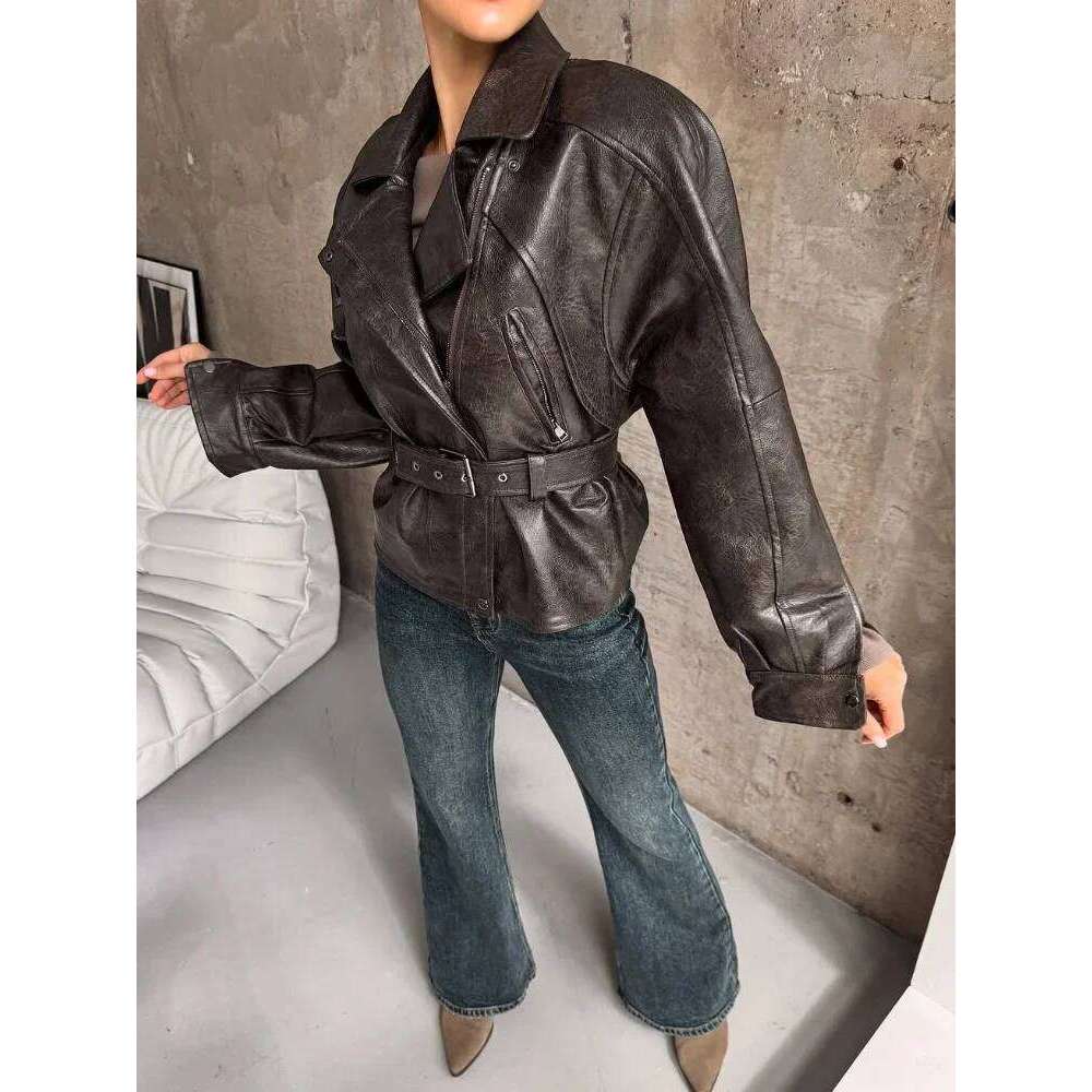 Retro Solid Lapel Collar Leather Short Jacket Women Long Sleeve Belted Zipper Pocket Loose Outerwear 2025 New Autumn Daily Coats