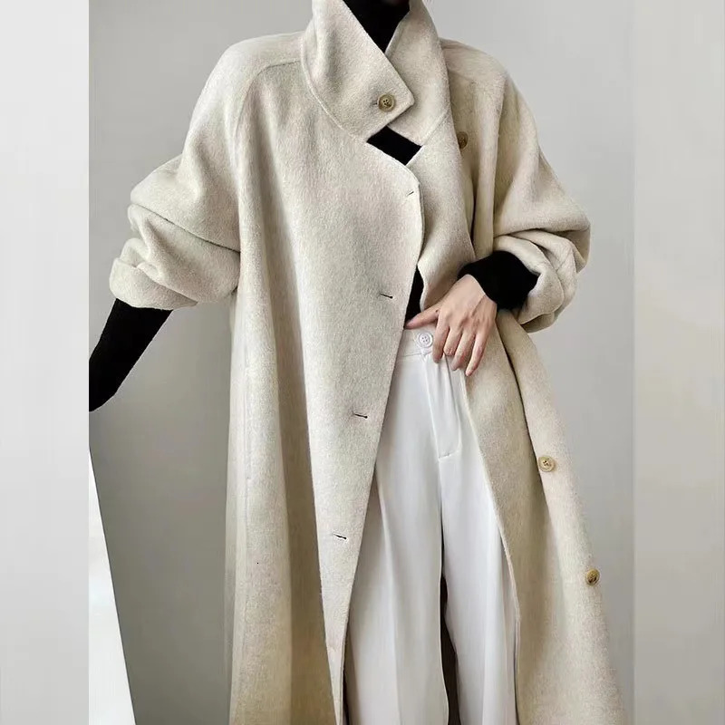 Women dark grey black stand collar 100 woolen double sided coat long length loose soft warm outerwear overcoat autumn winter 251020