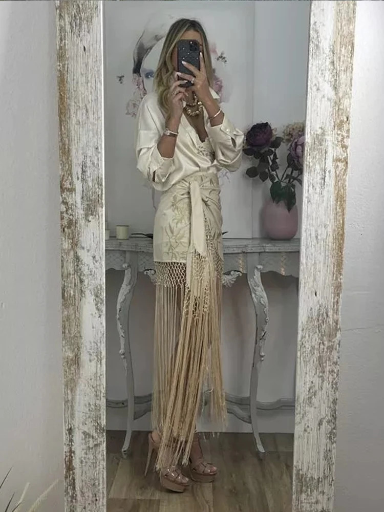 Elegant Print Tassel Splicing Midi Skirts Women Fashion Asymmetric Wrinkle Strap Bottom 2025 Summer Holiday Street Outfits 251022