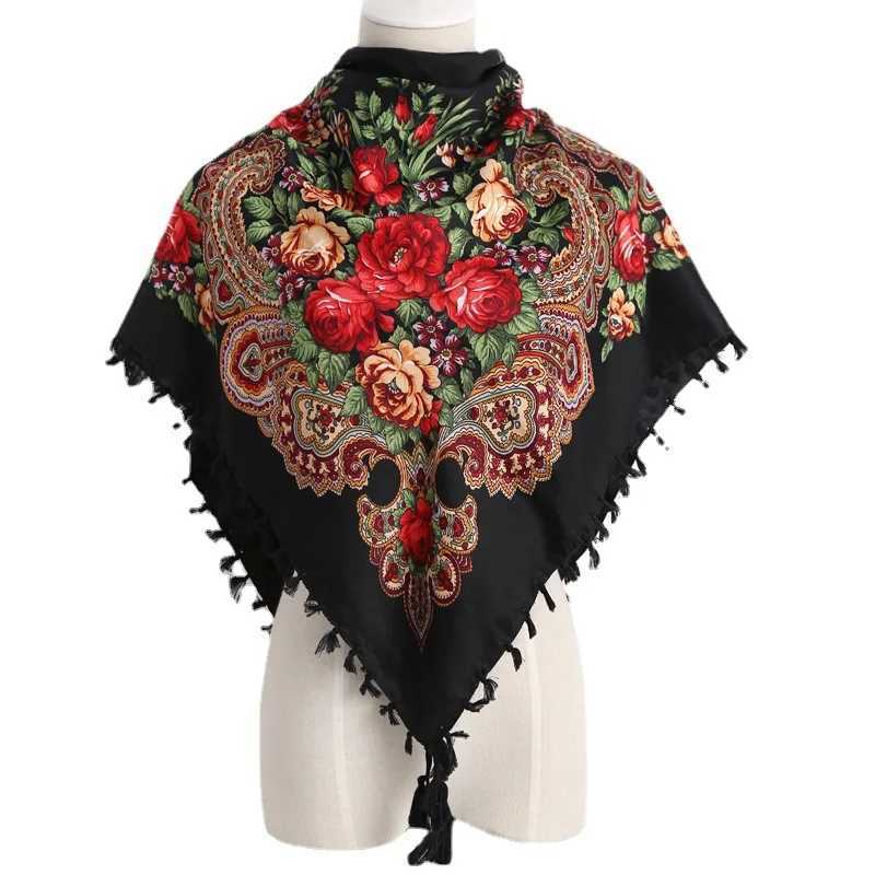 9090cm Knot Tassel Russian Style Floral Print Square Scarf Women Traditional UKrainian Polish Shawl Babushka Bandana Head Wraps J251118