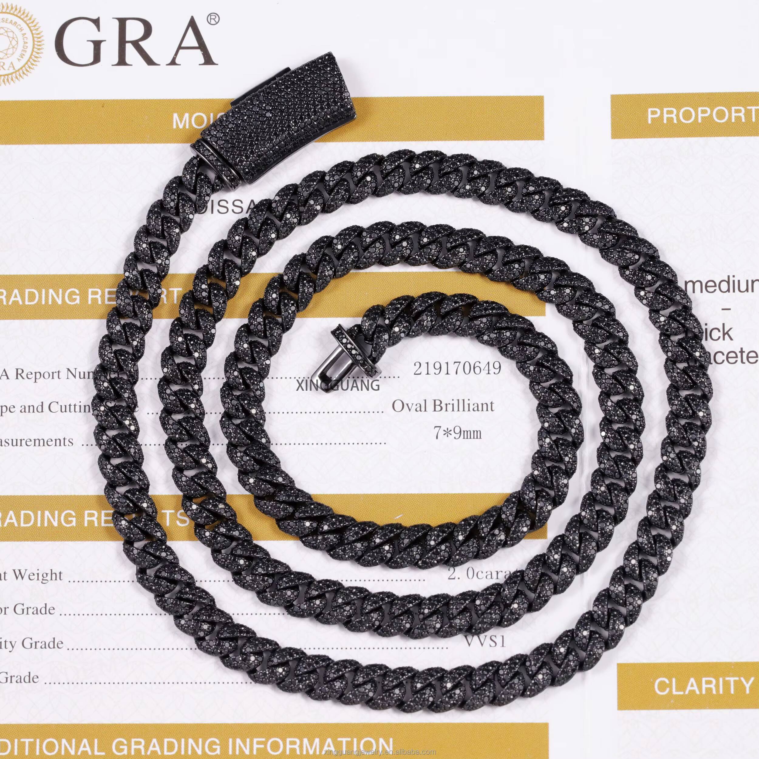 Hot Pass Diamond Tester 6mm Black Diamond Moissanite Black Gold Plated Hip Hop Cuban Lidynamic Chain 925 Silver Full Iced Out Chains