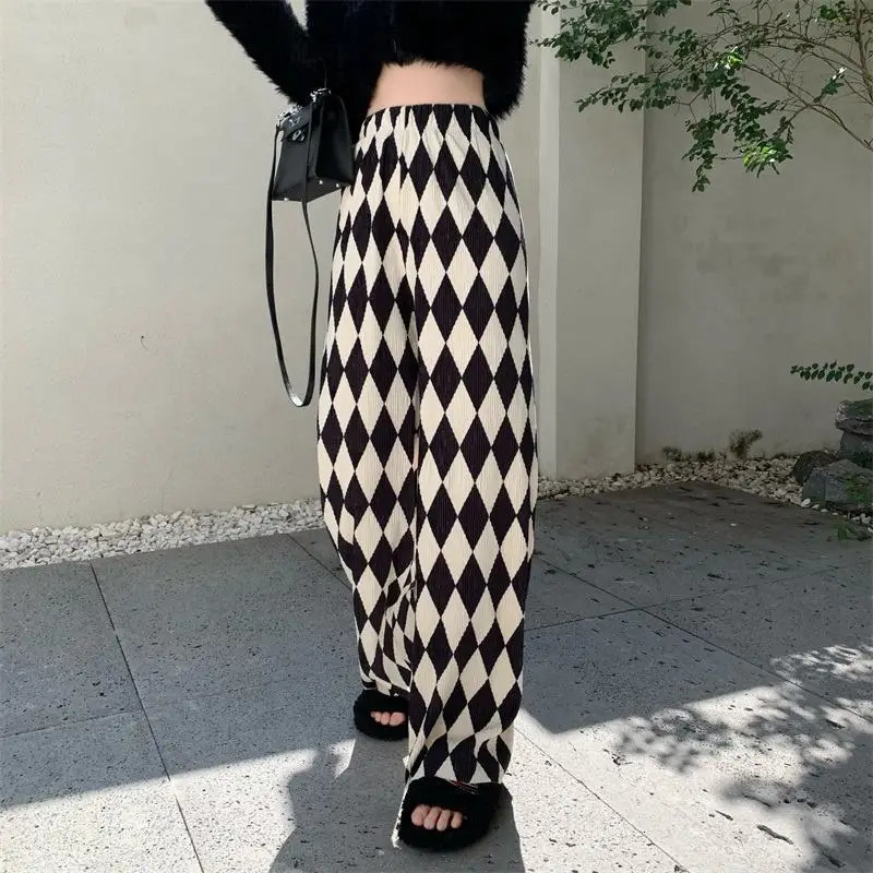 Spring and Summer Minimalist Black and White Diamond Checkered High Waist Casual Loose Fashion Pleated Floor Mop Pants 251016